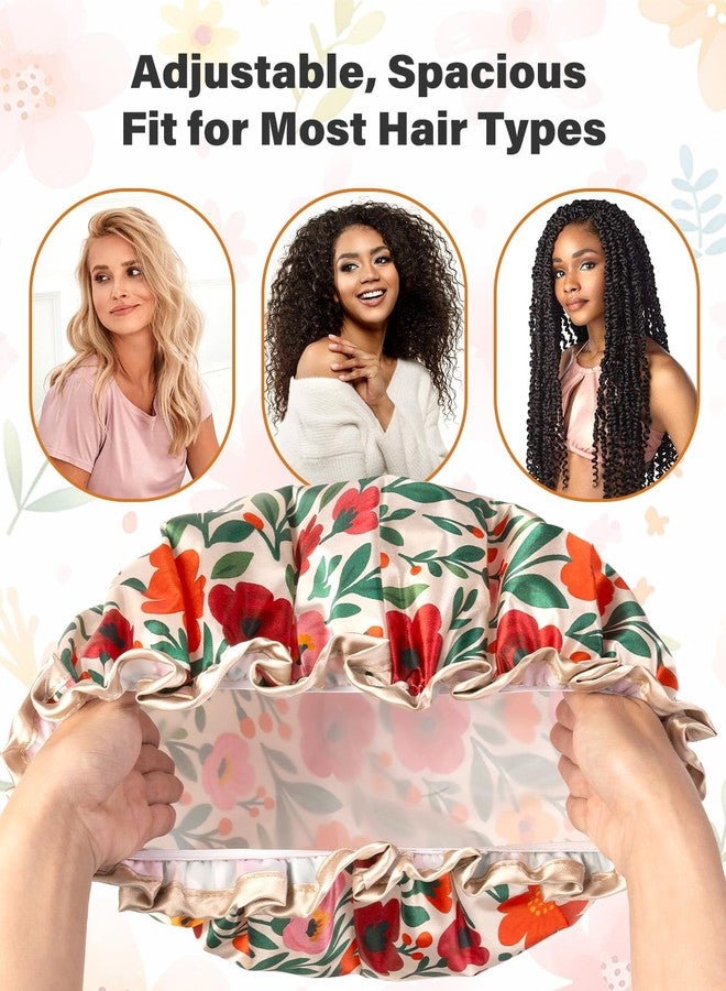 mikimini Large Shower Cap for Women Reusable Waterproof, Extra Large Hair Cap with Adjustable Elastic Band and Vibrant Floral Print, XL Bath Cap for Long Hair & Short Hair, 2 Pcs - Image 5